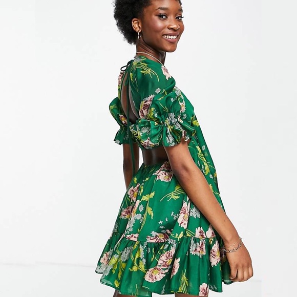 ASOS Tie Front Mini Dress in Textured Voile Art Nouveau Green Floral Size 10 - Picture 2 of 16
